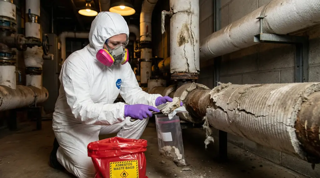 Technician in protective gear collecting insulation samples during lead asbestos testing to identify hazardous materials and ensure safe environmental conditions