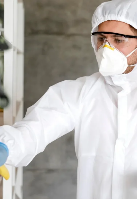 man-with-suit-disinfecting-shelf