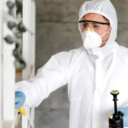 man-with-suit-disinfecting-shelf